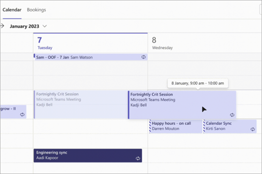 Screenshot des Ziehens und Ablegens einer Teams-Besprechung in einem neuen Zeitfenster