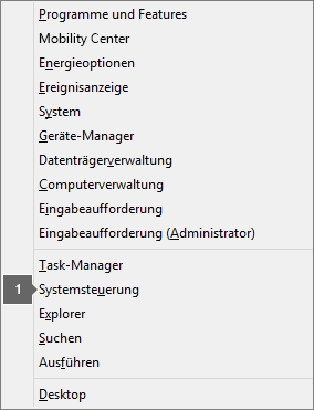 Liste der Optionen und Befehle, die nach dem Drücken von WINDOWS-TASTE+X angezeigt wird