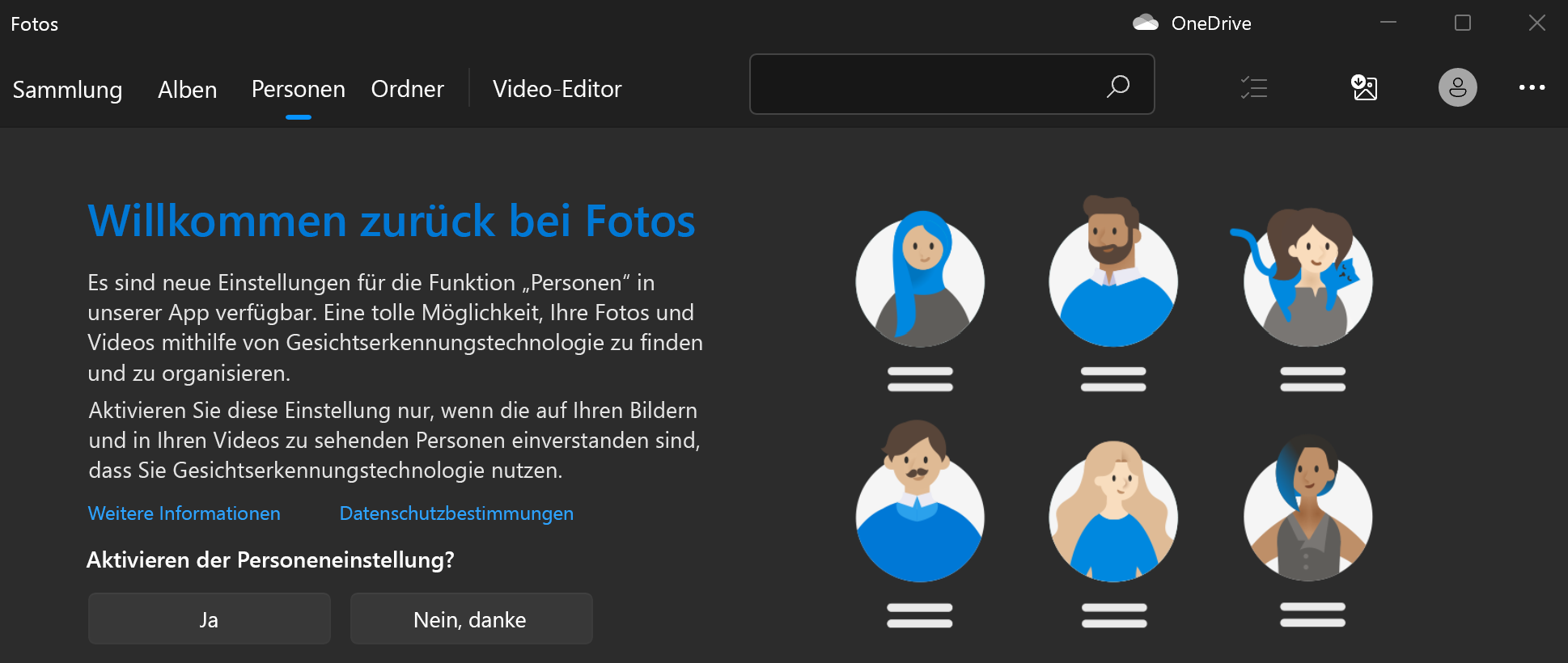 Zeigt die Willkommensseite für Fotos mit „Ja“- und „Nein“-Schaltflächen nach einer Frage zum Aktivieren der Einstellung „Personen“ an.