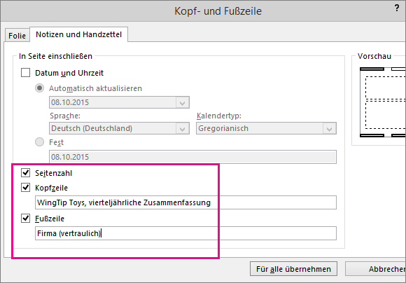 Zeigt das Dialogfeld "Kopf- und Fußzeilen" in PowerPoint