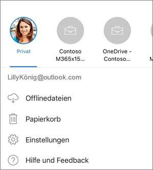 Screenshot des Wechsels zwischen Konten in der OneDrive-App unter iOS