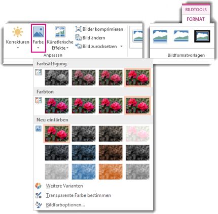 Menü der Schaltfläche 'Farbe', geöffnet über 'Bildtools', Registerkarte 'Format'