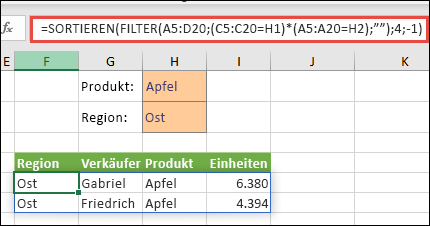 Verwendung von FILTER mit der SORTIEREN-Funktion: Gibt alle Werte im Arraybereich (A5:D20) zurück, die "Apfel" UND "Ost" lauten, und sortiert anschließend "Einheiten" in absteigender Reihenfolge.