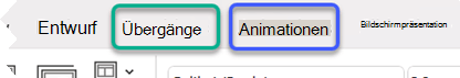 Teilbild des PowerPoint-Menübands mit Hervorhebung der Registerkarten "Übergänge" und "Animationen".
