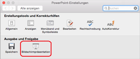 Klicken Sie im Dialogfeld „PowerPoint-Einstellungen“ unter „Ausgabe und Freigabe“ auf „Bildschirmpräsentation“.