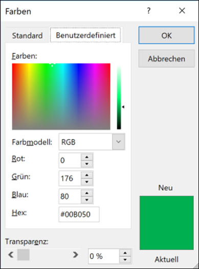 Farbwähler in Office-Apps. Unter den RGB-Feldern befindet sich ein neues Feld zum Eingeben des Hex-Farbwerts.