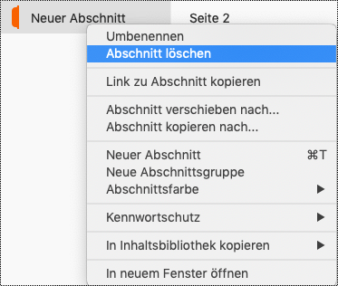 Kontextmenü "Abschnitt" auf dem Mac mit hervorgehobenem Abschnitt "Löschen".