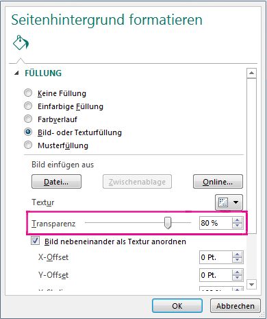 Hintergrund formatieren – Schieberegler für Transparenz