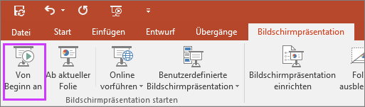 Zeigt die Schaltfläche "Von Beginn an" auf der Registerkarte "Bildschirmpräsentation" in PowerPoint.