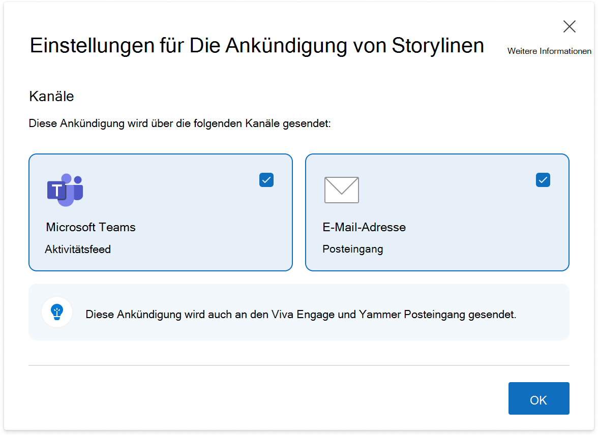 Abbildung der Einstellung "Storyline-Ankündigungen", die für Führungskräfte mit einer Zielgruppe in Viva Engage