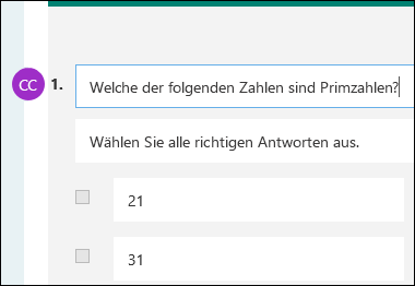 Die Initialen des Mitwirkenden werden neben der Prüfungsfrage angezeigt