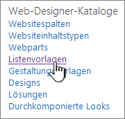 Link "Listenvorlagen" auf der Seite "Websiteeinstellungen"