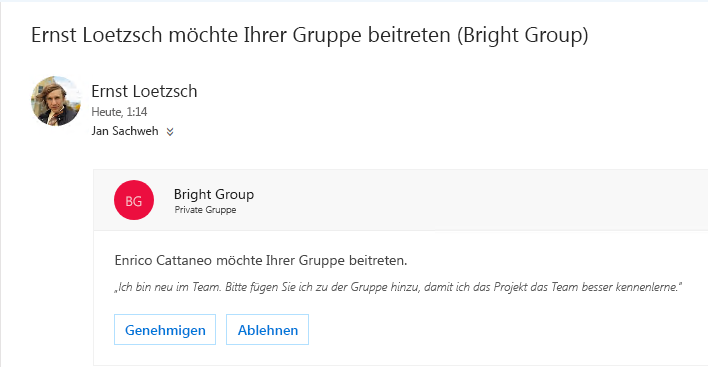 Ein Benutzer kann eine Gruppe entdecken und möchte ihr vielleicht beitreten. Wenn die Gruppe privat ist, erhält der Besitzer eine E-Mail mit der Anfrage. Der Besitzer kann die Anfrage genehmigen oder ablehnen.