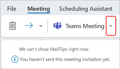 Wählen Sie im Dropdownmenü der Teams-Besprechung die Option Besprechung planen aus.