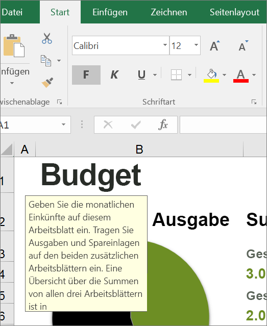 Bildschirmausschnitt der Excel-Benutzeroberfläche mit integrierter Anleitung