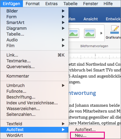 Menü "Einfügen", "AutoText" > "Neu" hervorgehoben