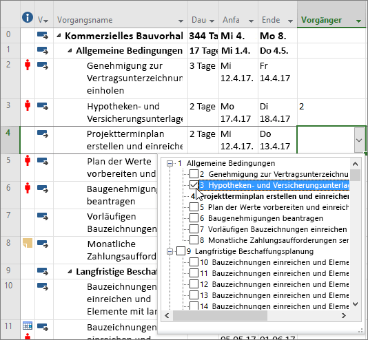 Screenshot des Dropdownmenüs "Spalten" aus dem Vorgängerprogramm in Project