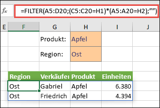 Verwendung von FILTER mit dem Multiplikationsoperator (*): Gibt alle Werte im Arraybereich (A5:D20) zurück, die "Apfel" UND "Ost" lauten.