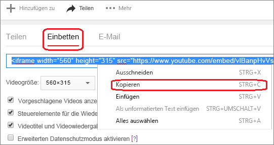 Kopieren Sie den iframe-Einbettungscode.