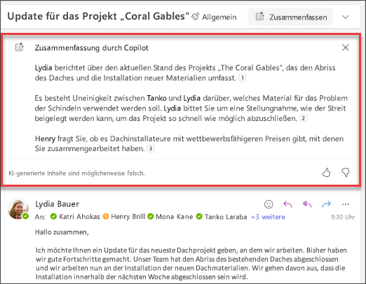 Zusammenfassung des E-Mail-Threads mit Zitaten, die von Copilot erstellt wurden.