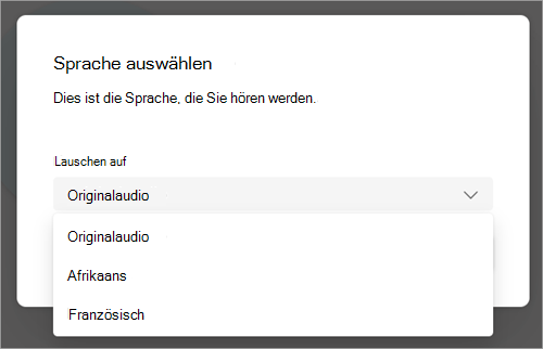 Screenshot des Dropdownmenüs mit Sprachoptionen, in das während der Teams-Besprechung übersetzt werden soll.