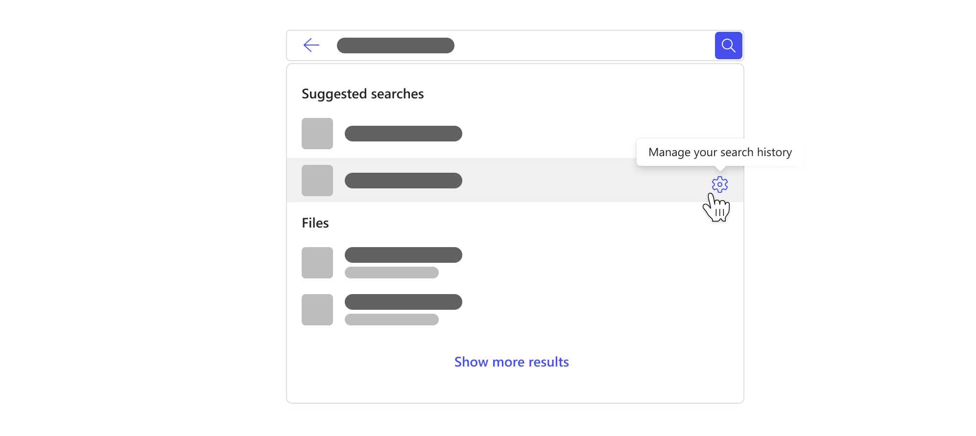 Suchfeld mit einer Dropdownliste, in der die vorgeschlagenen Suchvorgänge basierend auf Ihrem Suchverlauf hervorgehoben sind, und einer Schaltfläche zum Verwalten Ihres Suchverlaufs.