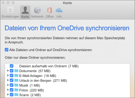 Dialogfeld „Synchronisieren von Ordnern“ für OneDrive für Mac