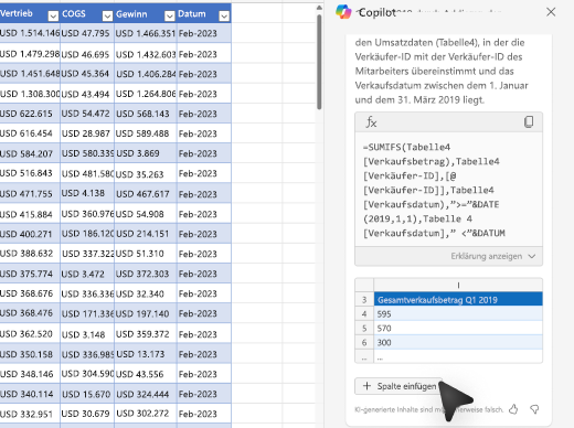 Bildschirmfoto: Wie man mit Copilot in Excel eine Formelspalte in eine Tabelle einfügt und hinzufügt.