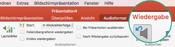 Wenn ein Audioclip auf einer Folie ausgewählt ist, wird im Menüband die Registerkarte "Wiedergabe" angezeigt, auf der Sie Wiedergabeoptionen festlegen können.