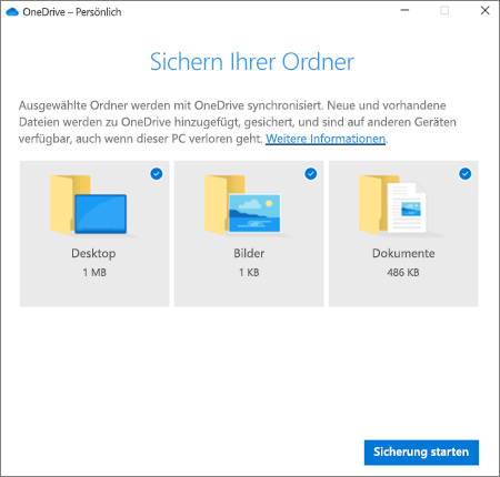 Screenshot des Dialogfelds "Schutz wichtiger Ordner einrichten" in OneDrive