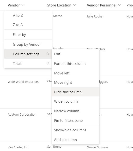 Spalteneinstellungen > Option Diese Spalte ausblenden, wenn eine Spaltenüberschrift in einer modernen SharePoint-Liste oder -Bibliothek ausgewählt ist