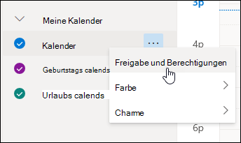 Screenshot des Mauszeigers, der auf Freigaben und Berechtigungen im Kontextmenü des Kalenders zeigt