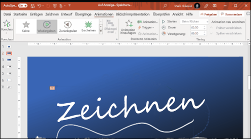 PowerPoint Folie mit handschriftlichem Text und Optionen für die Wiedergabe in Freihand, auf die geklickt wird