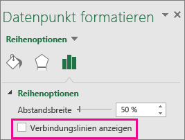 Aufgabenbereich 'Datenpunkt formatieren' mit deaktiviertem Kontrollkästchen 'Verbindungslinien anzeigen' in Office 2016