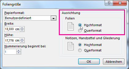 Klicken Sie auf "Hochformat".