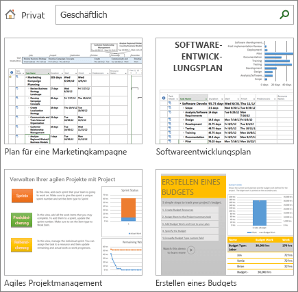 Screenshot von Projektplanvorlagen in der Kategorie "Business"