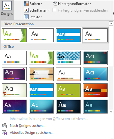 Anzeigen der Optionen für Folienmasterdesigns in PowerPoint