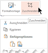 Die Schaltfläche Zuschneiden wird über oder unter dem Popupmenü angezeigt.