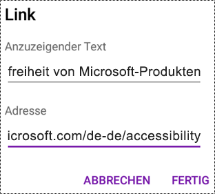 Dialogfeld "Link hinzufügen" in OneNote für Android