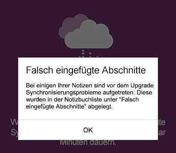 Benachrichtigung zu falsch eingefügten Abschnitten in OneNote für Android