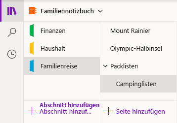 Navigationsoberfläche in OneNote für Windows 10