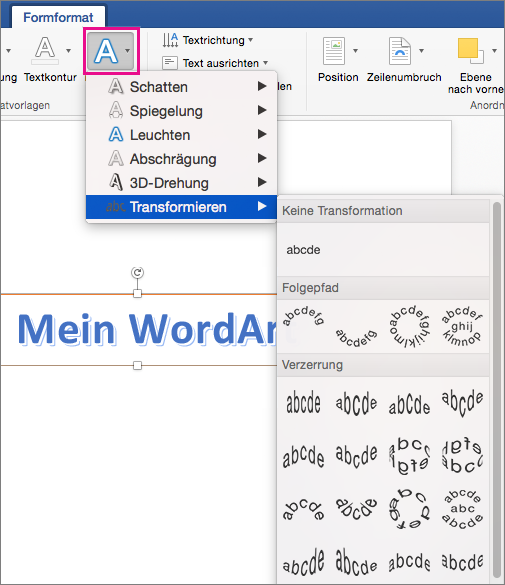 Registerkarte "Formformatierung" mit hervorgehobener Option "Texteffekte"