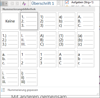Screenshot der Option "Nummerierte Liste" im Menü "Start".