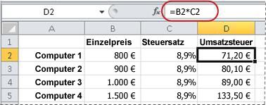 Beispiel für eine Formel zum Berechnen eines Prozentsatzes