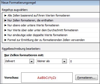 Regel für eine bedingte Formatierung, mit der Zahlen unter null in Rot angezeigt werden