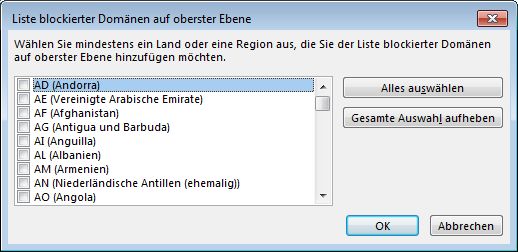 Dialogfeld 'Liste blockierter Domänen auf oberster Ebene'