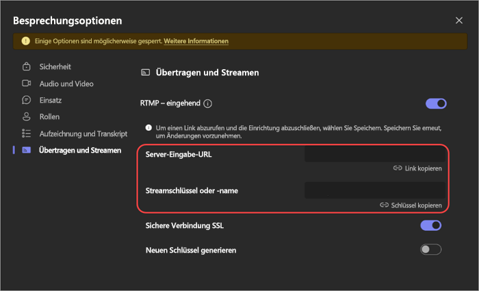 Screenshot: RTMP-In-Einstellungen in den Besprechungsoptionen.