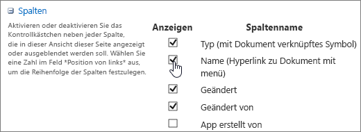 Dialogfeld zur Spaltenauswahl