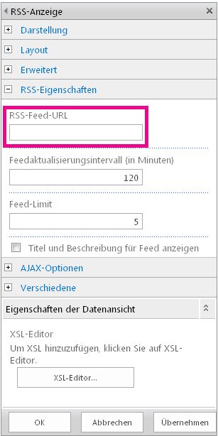Eigenschaften des Webparts 'RSS-Anzeige'