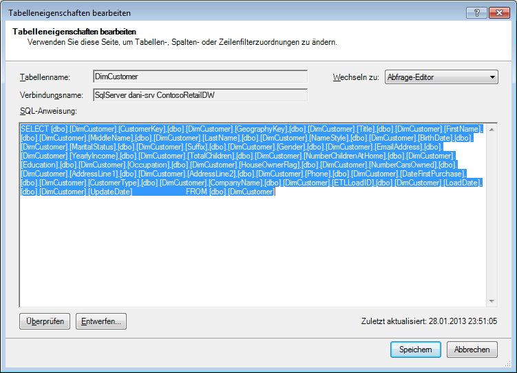 Zum Abrufen der Daten verwendete SQL-Abfrage